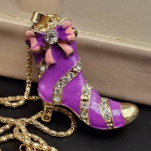Betsey Johnson Purple Gold High Heeled Boot Rhinestones Pendant Necklace NOS